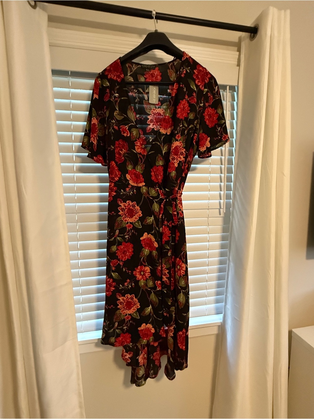 Forever 21 Black Wrap Dress with Red Floral Print